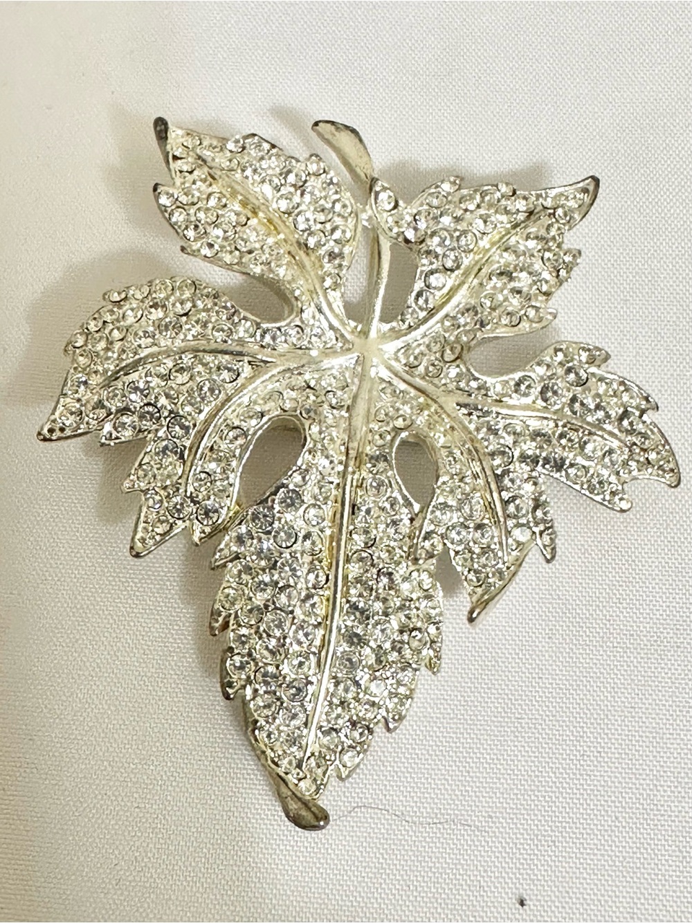 Vintage Crystal Leaf Statement Brooch - Silver Tone
